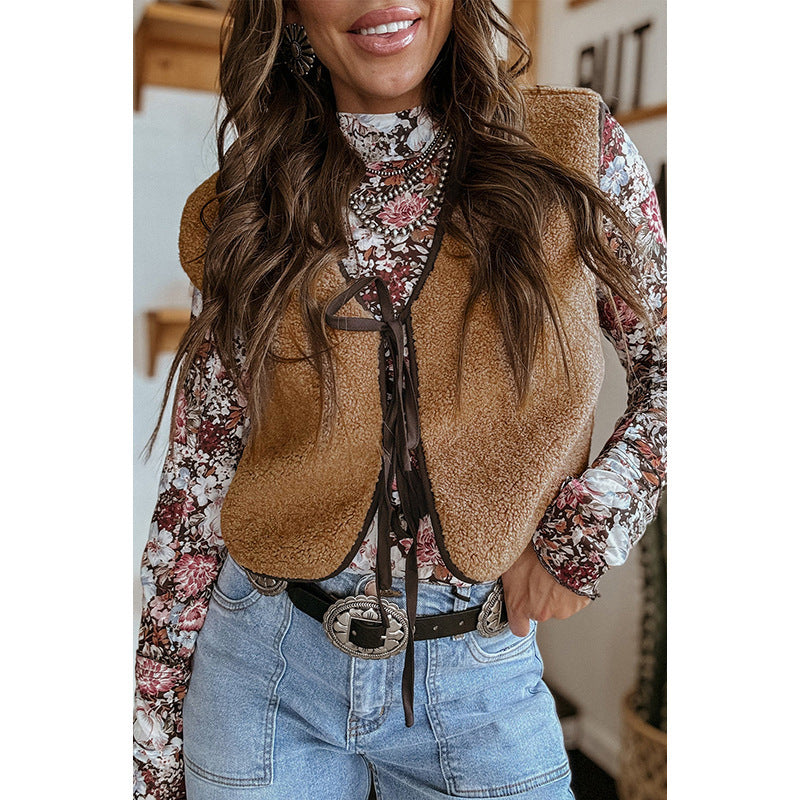 Contrast Color Plush Sleeveless Top For Women