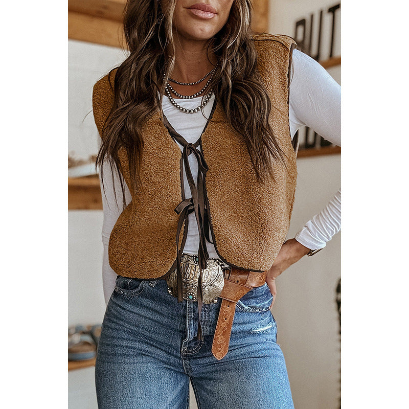Contrast Color Plush Sleeveless Top For Women