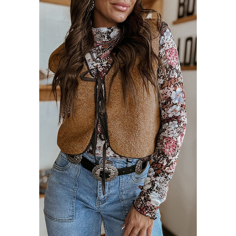 Contrast Color Plush Sleeveless Top For Women