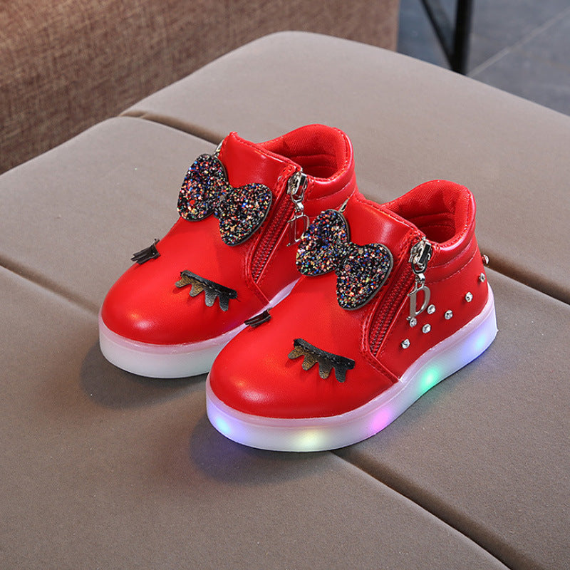 Fashion Rhinestone Lights Children's Shoes Cartoon Bow