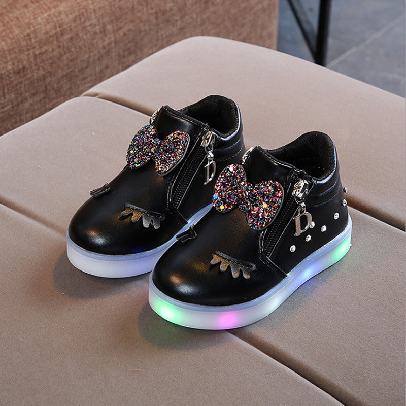 Fashion Rhinestone Lights Children's Shoes Cartoon Bow